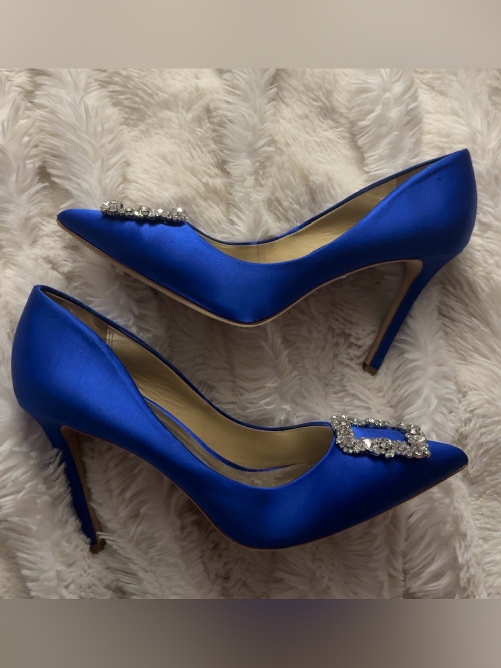 Badgey Mischka Blue Crystal Buckle Satin Pointed-Toe Pumps - Picture 3 of 4